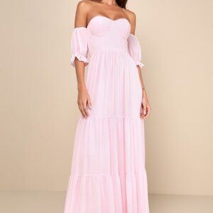 Lulus Exceptionally Gorgeous Blush Chiffon Off-the-shoulder Maxi Dress Pink